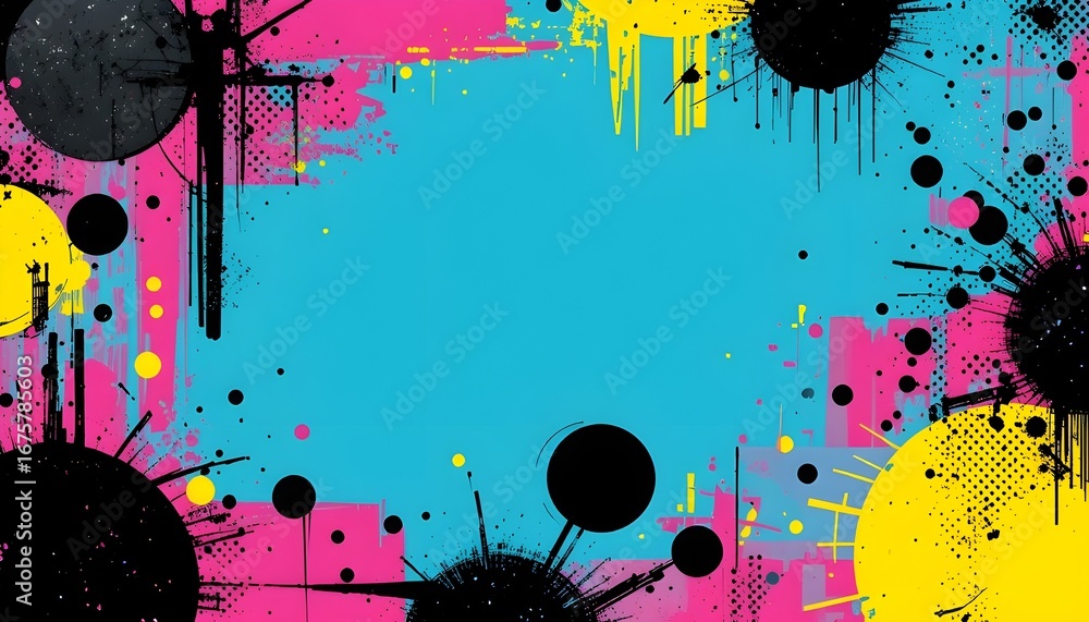 Poster vibrant abstract grunge frame background with splatters and halftone dots.