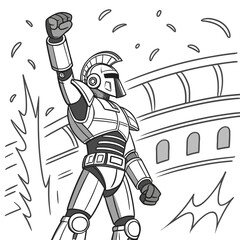 A triumphant gladiator raises his fist in victory in the arena