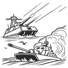 Naklejka premium Warships firing missiles at sea