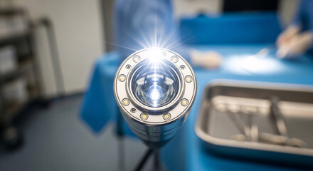 Obraz premium A close-up view of a medical endoscope with its bright light illuminating the lens, set against a blurred background of a surgical environment with instrumen...