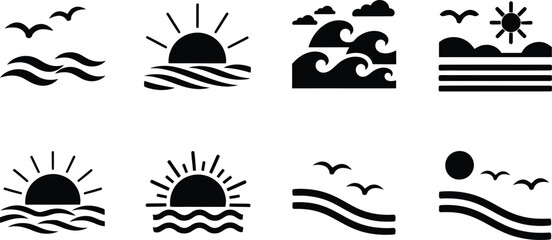  A set of black and white minimalist nature icons, including illustrations of waves, a rising sun, birds, and peaceful ocean scenes. Vector illustration for travel and environmental themes.