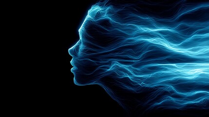 Abstract Blue Human Profile with Flowing Light Lines Artistic Digital Illustration