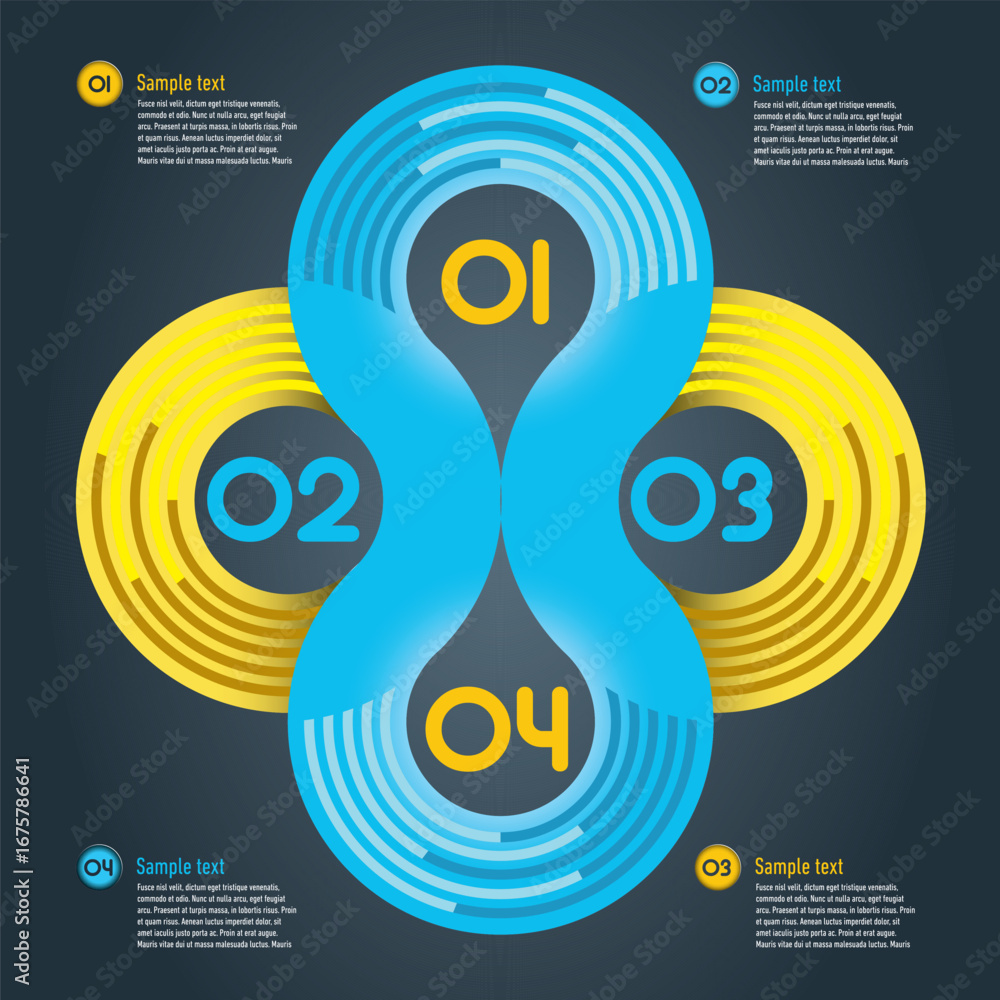 Poster modern infographic design with four numbered sections and abstract circular elements in blue and yel