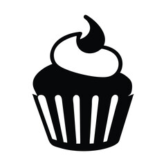 Simple black silhouette of a frosted cupcake on a white background