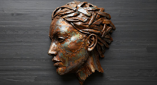 Intricate metal head sculpture with weathered texture and expressionist artistic approach on wooden backdrop