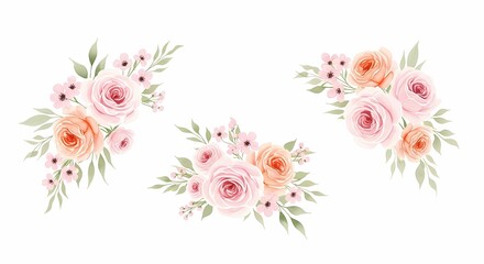 Watercolor floral bouquet illustration with pink and peach roses for wedding design