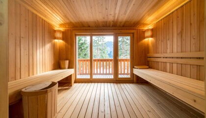 A modern wooden sauna with mountain views