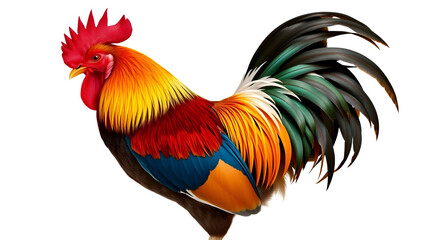 Fototapeta premium Colorful Rooster Side View Isolated on White Background with Intricate Feather Details