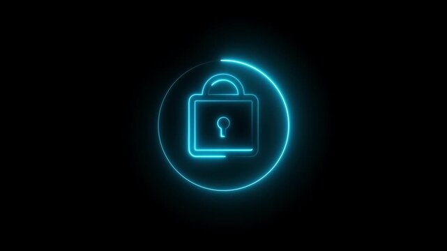 Neon security lock animation. Protection safety security lock icon.