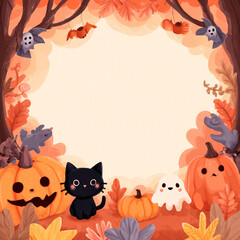Cute Halloween frame with pumpkins, black cat and ghost, autumn leaves, wide copy space center