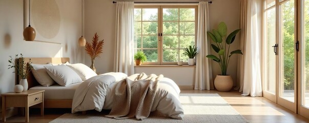Serene bedroom designed for ultimate relaxation and wellbeing, featuring calming colors, natural light, and comfortable textiles Perfect for a peaceful sleep and mindful mornings , linen, aesthetic