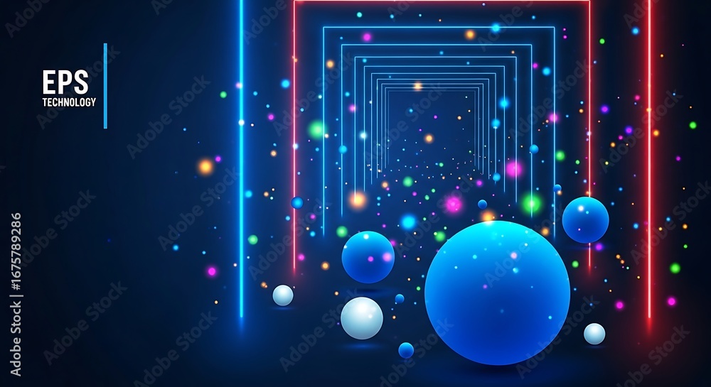 Poster Vibrant Abstraction Neon Outlines Frame Floating Spheres in a Dance of Color and Light Creating a Captivating and