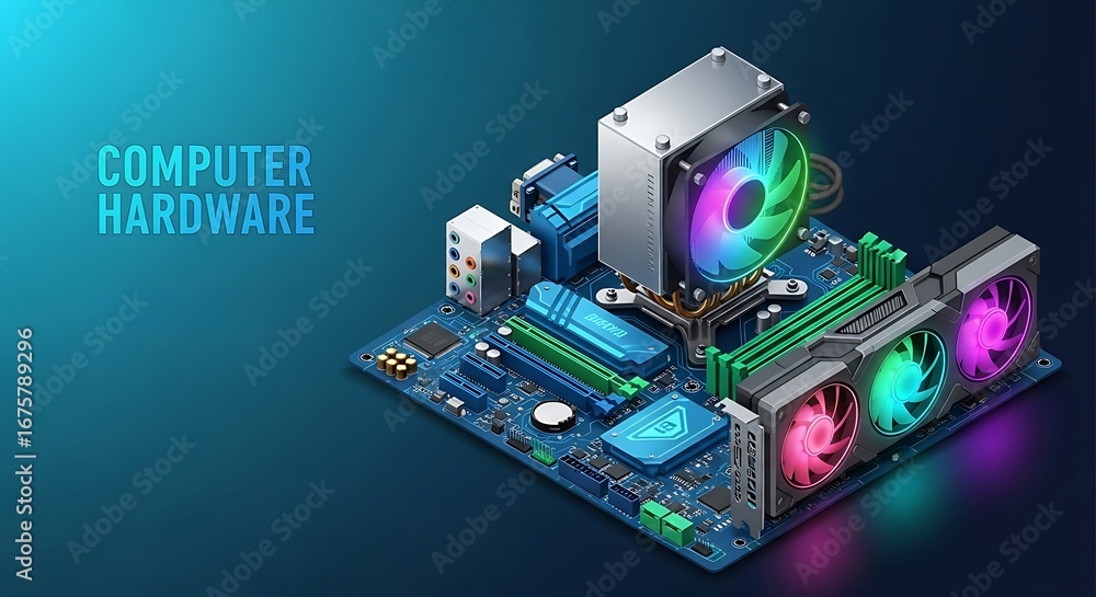 Fototapete detailed isometric view of colorful computer hardware components featuring motherboard cpu cooler an