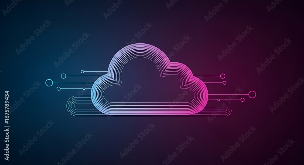 Poster digital cloud connectivity flowing lines and modern network abstraction on a dark blue to pink gradi
