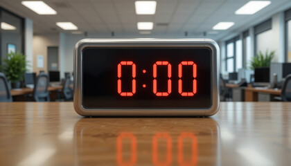 Fototapeta premium Digital clock displaying 000 sits wooden desk modern office environment, surrounded by computers and office chairs. bright red numbers stand out against sleek black and silver design of clock