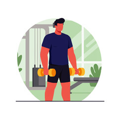 Man in a gym lifting dumbbells, wearing headphones, with exercise equipment and plants in the background.