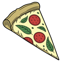 A colorful cartoon slice of pizza with a golden crust, melted cheese, red pepperoni slices, green basil leaves, and small green round toppings.