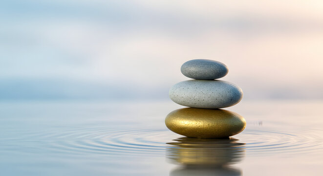 Serene stack of balanced stones on calm water evoking tranquility and mindful simplicity for a sense of peace and zen
