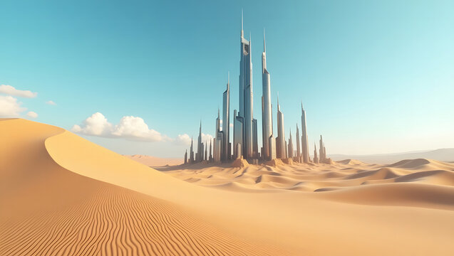 Futuristic Citadel in the Desert, Spire City Rising from the Dunes, Surreal Desert Metropolis, Modern Oasis in an Ancient Land - Powered by Adobe