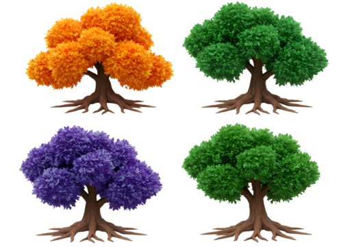 Vibrant Seasonal Trees: Four Unique Colors on white background