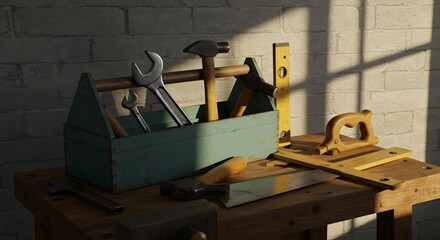 Vintage Wooden Toolbox Filled with Wrench and Hammer on Weathered Workbench