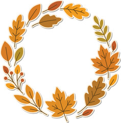 A flat vector illustration of an autumn wreath made of colorful fall leaves and berries with a sticker effect. Perfect for seasonal cards, notes, Thanksgiving decorations, and cozy fall designs.