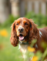 Web banner of a cute old Irish Setter dog, blurry foreground. isolated with white highlights
