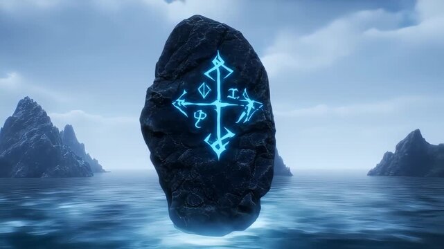 Glowing runes etched on a dark stone, standing in calm water between distant, snow-dusted peaks