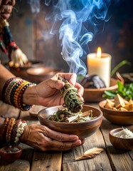 A person holds a smudge stick over a bowl of herbs