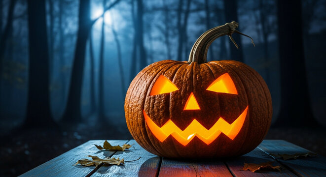 A single glowing jack-o'-lantern sits on a table in a spooky moonlit forest at night a perfect atmospheric and creepy scene for a classic Halloween background