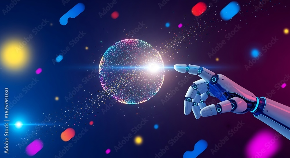 Poster robot hand touching sphere of light in futuristic digital space colorful shapes technology concept a