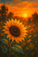 Radiant Sunflower Watercolor Painting with Glowing Sunset Blurred Background &ndash; Artistic Nature Wall Art