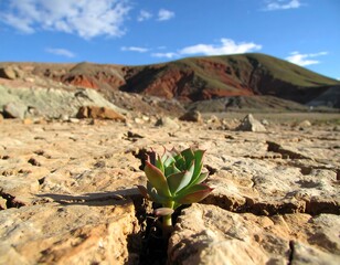 A succulent plant emerges from cracked earth in a colorful landscape