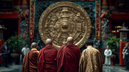 Naklejka premium Buddhist Monks in Traditional Robes Performing Rituals Before Giant Sacred Wheel During Tawang Festival in Arunachal Pradesh Showcasing Spiritual Devotion and Monastic Culture