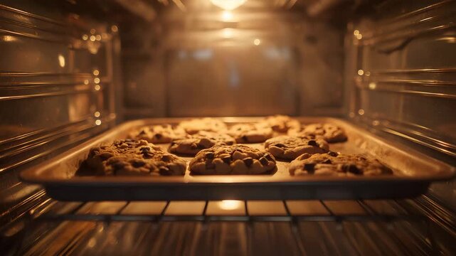 Golden brown chocolate chip cookies baking in the oven creating warm comforting vibes, fresh baked cookies for dessert or snack