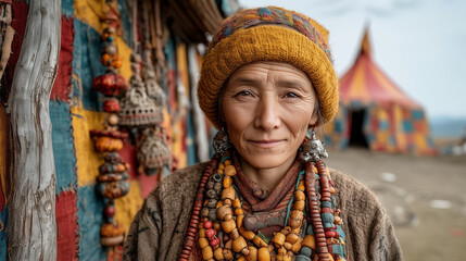 Fototapeta premium Woman in traditional attire with colorful beads at Tawang Festival representing indigenous identity, culture, heritage, and ancestral pride in Arunachal Pradesh India celebration.