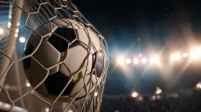 Extreme close-up, slow-motion shot of a soccer ball hitting the back of the net for a winning goal. Dramatic stadium lighting and euphoric, blurred crowd in background.