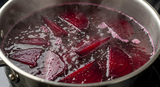 Close-Up Of Boiling Beetroot Slices In A Saucepan Creating A Rich, Vibrant And Nutritious Red Infusion For Culinary Delights And Dishes