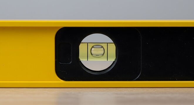 Yellow Level Tool Showing Level on Wood Surface Background