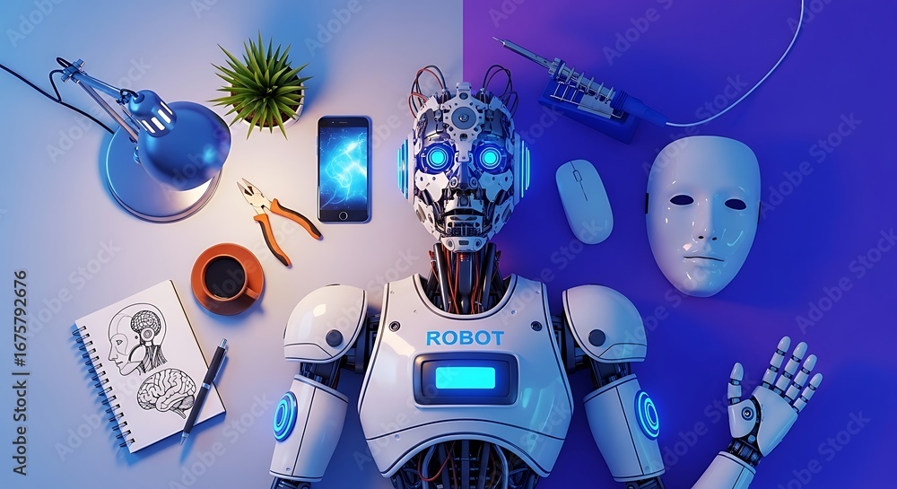 Poster robot with glowing eyes on a creative workspace desk surrounded by a pen sketchbook tools a mask and