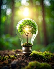 A small tree inside a lightbulb, surrounded by nature