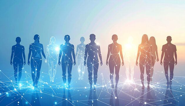 A group of people walking together in a digital world, representing the future of business and technology with a network connection