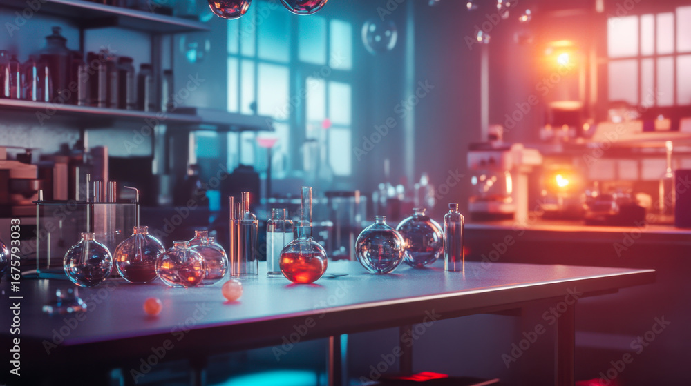 Poster laboratory setup featuring glassware and colorful liquids illuminated by warm light in a modern rese