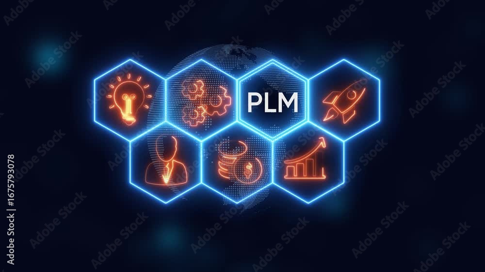 Aufkleber neon hexagons displaying plm business icons and digital globe on dark background product lifecycle m