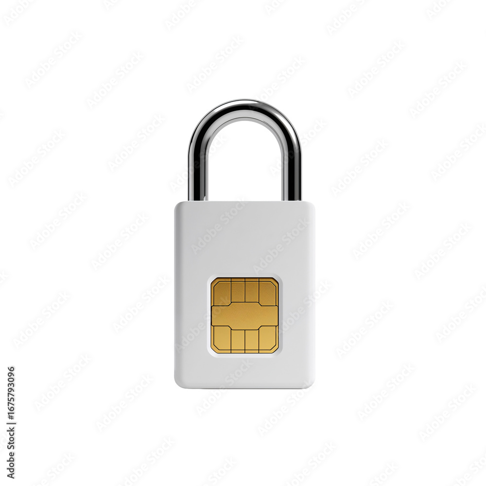 Poster conceptual security padlock featuring sim card portraying technological safeguarding on clear field
