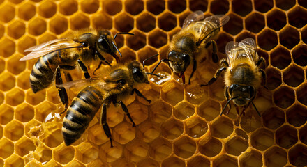 Close up captures detailed interaction of honeybees with honeycomb wax cells focused on honey production and hive