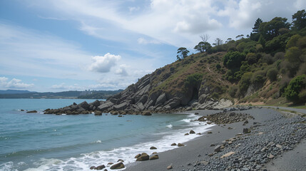 Rocky headland cove at Te Arai Beach, Auckland, New Zealand.