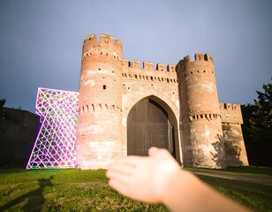 A hand reaching toward a medieval gate