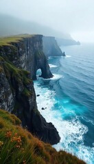Rugged Scandinavian coastline, dramatic cliffs, crashing waves, and a serene, misty atmosphere Perfect for travel, nature, and adventure themes , beautiful, clouds, serene