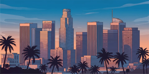 High-quality vector illustration of the Los Angeles skyline with palm trees and iconic buildings